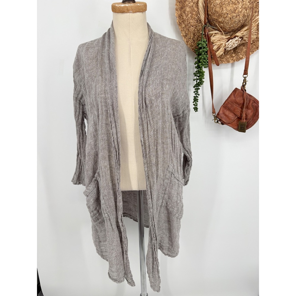 Pure Jill J Size M 100%‎ Linen Gray Duster Coat Open Cardigan Jacket Lagenlook